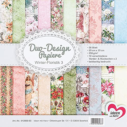 Ideen mit Herz Duo-Design-Papiere | 20 Blatt Bastelpapier | Tonkarton | bunt | floral | 25 x 25 cm | 250g/m² | beidseitig bedruckt | Motivpapier | ideal für Scrapbooking, Basteln (Winter Floristik 3)