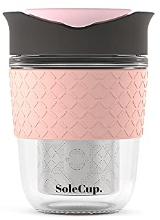 SoleCup. Travel Mug Loose Tea Infuser - Detachable Tea Strainer with Spillproof Lid - BPA-Free Reusable Glass Travel Coffee Cup with Silicone Band (Grey)