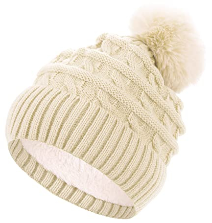 Sibba Bommelmütze für Damen Winter Beanie Hüte Thermo Fleece Gefütterte Mütze Damen Gestrickte Wollmützen mit Kunstpelz Pom Pom Weiß Einheitsgröße