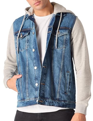 JMOJO - Denim Jacket Mens - Classic Trucker Hooded Mens Denim Jackets - Western Style Regular Fit Jean Jackets Men With Adjustable Hood - Long Sleeves Mens Jacket Smart Casual - Zip Up Jeans Jacket