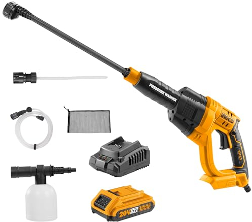 INGCO Cordless Pressure Washer 20V Lithium-Ion Power Washer with Battery and Charger 24.8Bar Pressure 2.2L/min Flow Rate 6-way Nozzle 6M Hose CPWLI2008-8