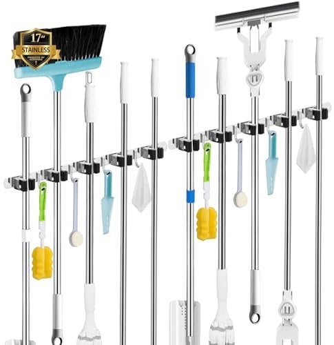 AceMining Besenhalterung Wand, 5 Halter + 4 Haken 2Pack Schwerlast Gerätehalter Selbstklebend, Besenhalter mit Nails Installieren, Gartengerätehalter aus Edelstahl, Wandhalterung Besen