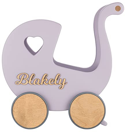 Puppenwagen ab 1 Jahr - Individuell mit Namen - Handgefertigter Puppenwagen - Holzpuppenwagen - Sicher Abgerundete Kanten - Ausdrucksstarke und Schöne Farben (Lavendel)