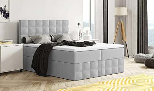 Moderne Boxspringbett MERA Premium Bett mit Bettkasten Ziernähten Bonell Matratze H3 Federkern Topper Polsterbett Doppelbett Schlafzimmer (Hellgrau - Aura 15, 180 x 200)