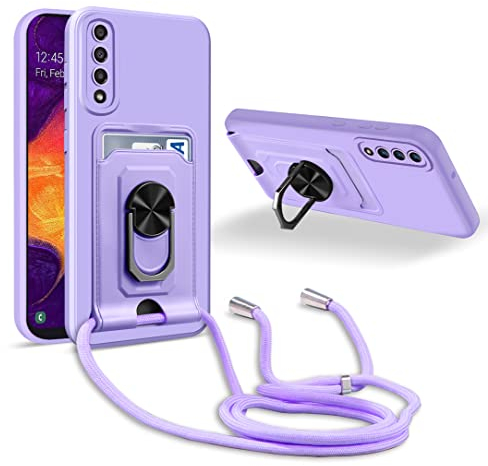 JMstore Handykette Schutzhülle Kompatibel mit Samsung Galaxy A50/A30S/A50S,360° Ring Ständer magnetisches Eisenblech+Kartenfach Kameraschutz Stoßfester Silikon hülle-Lila