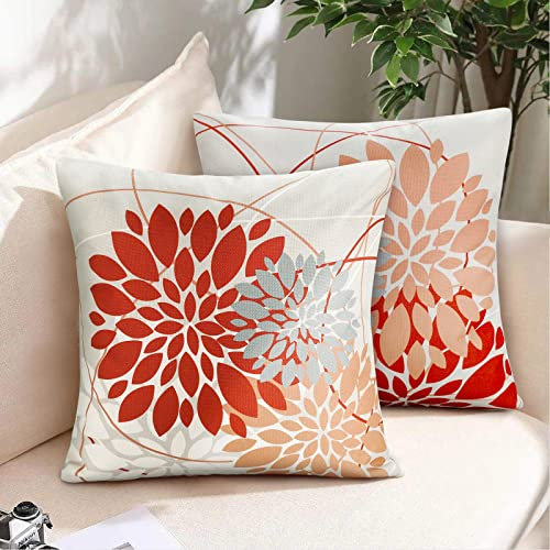 RYBornament Kissenbezug mit geometrischem Blumenmuster, 2 Stück, 45 x 45 cm, für Herbst und rustikal, Leinen, für Zuhause, Terrasse, Wohnzimmer, Möbel, Sofas, Bänke, Dekoration, Orange