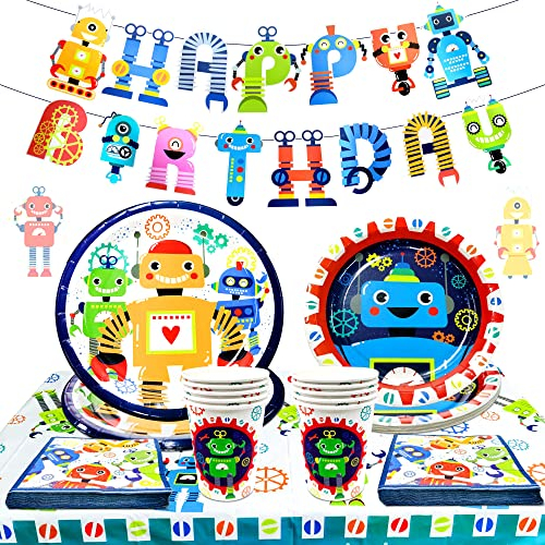 JeVenis Roboter Geburtstags Deko - Party Teller, Servietten, Girlande & Tischdecke