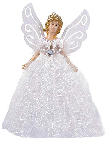 Minan Fairy Ornaments Christmas Tree Topper 22CM, Fabric Angel Pendant Doll Christmas Tree Decoration with Feather Wings, Handmade Fairy Doll - Enjoy Youselves Tree Top Angel, White