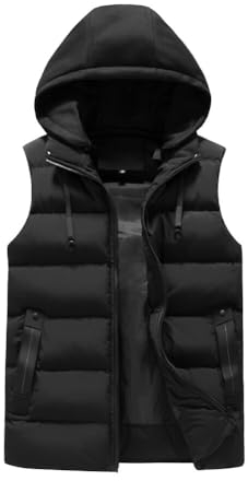 YOUTHUP Men's Gilet with Hood Winter Quilted Body Warmer Thick Windproof Outwear Sleeveless Puffer Coat, Black, L