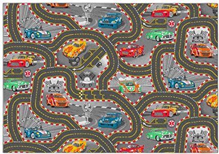 Carpet Studio Teppich Kinderzimmer 140x200cm, Kinderteppich, Spielteppich Straße Jungen & Mädchen, Teppiche für Babyzimmer, Schlafzimmer & Spielzimmer, Antirutsch, 30°C waschbar - Racer