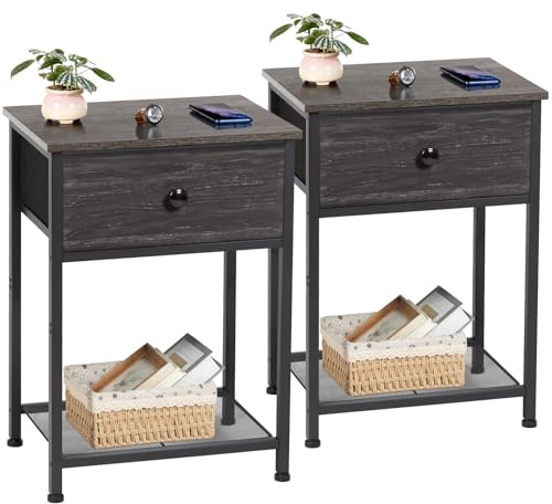 AMHANCIBLE Nachttisch 2er Set, Beistelltisch mit Stoffschubladen | Nachtschrank mit 2 Ablagen für Schlafzimmer, Wohnzimmer, Industriestil, 40 x 30 x 55 cm, Dunkelgrau EHET03SDDG