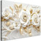 Feeby Bilder 3D Blumen Gold Natur 120x80 cm 1 tlg Modern Leinwandbilder Bild auf Leinwand Kunstdruck Wand Bild Wanddeko Design Schlafzimmer Büro Flur Hotel Spa Wohnzimmer Pflanzen Blumenmotiv Weiß