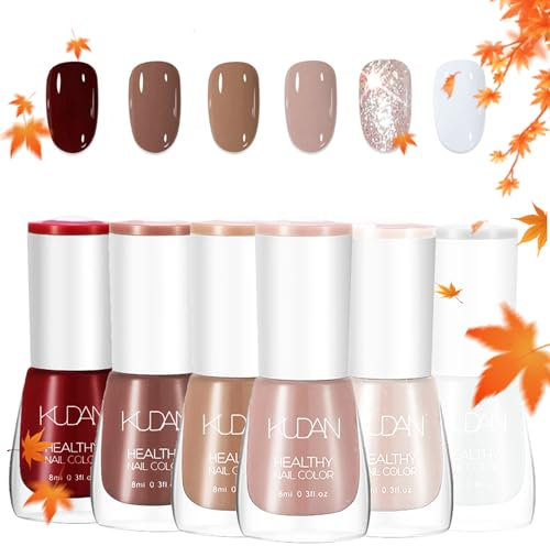 Autumn Nail Set - Long Lasting Nude White Brown Nail Varnish - Non-Toxic Holographic Polish - No UV Kit - Christmas Gifts for Women & Girls