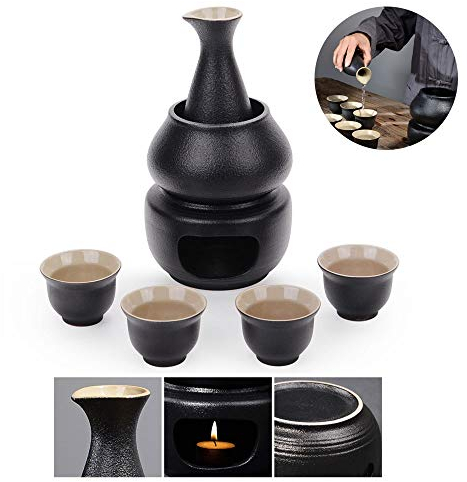 OQHAIR Juego de Sake Tradicional de cerámica Caliente Kawasaki, 7 Piezas, Incluye 1 hornillo para Velas, 1 Taza, 1 Taza de Sake y 4 Tazas de Sake