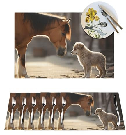 6-teiliges PVC-Platzdeckchen-Set, niedlicher Hund und Pferd, rutschfest, gewebt, 30,5 x 45,7 cm, Bauernhaus, langlebiges Tischmatten-Set für Familienessen, Hochzeitsfeiern