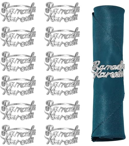 Hpbaggy 12 Stück Serviettenringe Silber, Ramadan Kareem Letter Metall Serviettenring, Eid Mubarak, Familie Sammeln, Esstischdekoration