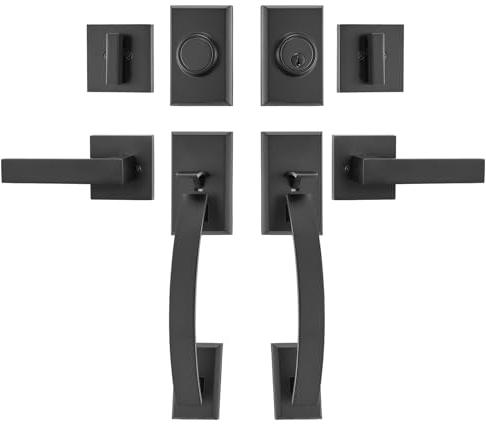 VEVOR Doppeltürgriff-Set, Mattschwarzer, Gewölbter Türhebel, Doppeltürgriff-Set für die Vordertür mit Umkehrbarem Griffhebel, Robustes Doppeltürschloss-Set, Türklinke für Bürotür oder Haustür