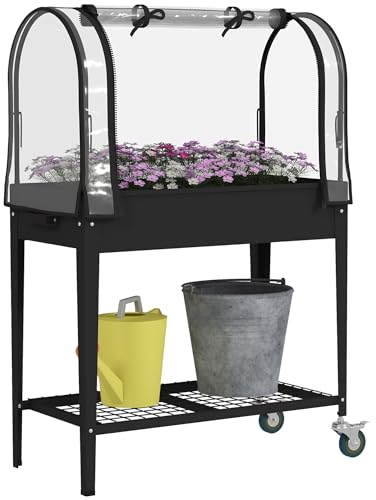 Outsunny Fioriera rialzata Orto con Telone Trasparente, Mini Serra da Giardino, 2 Ruote e 1 ripiano inferiore per verdure, fiori, orto, dim. 80L x 40L x 120H cm