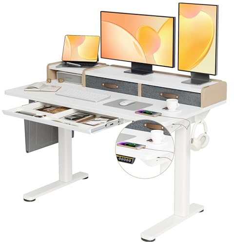 Claiks Höhenverstellbarer Schreibtisch 120x60cm mit Schubladen, Schreibtisch Höhenverstellbar Elektrisch mit USB-Buchse und Steckdose, Computertisch Sitz/steh mit Memory Funktion und Kollisionschutz