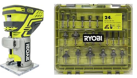 RYOBI ONE+ - Fresadora Router inalámbrico de base fija de 18 V con juego de brocas de enrutador de 24 piezas A252401 (empaquetado a granel)