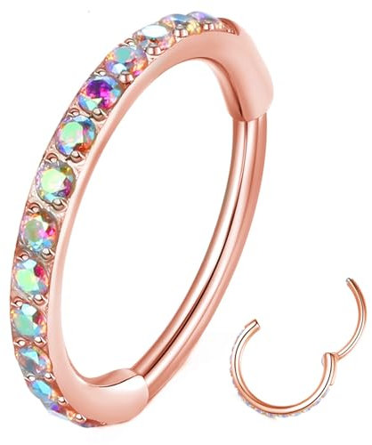 Popuhoops 20g 6mm Rainbow CZ Nose Ring Hoop 316L Surgical Steel Seamless Rose Gold Septum Ring Clicker Cartilage Earring Ear for Women Men Helix Rook Lobe Conch Tragus Daith Hinged Piercing Jewelry