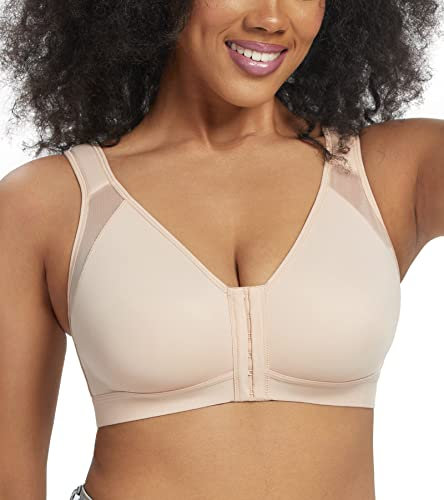 Curyon Vorne Verschluss BH Damen Ohne Bügel Große Größen [Cup B-E] Vollschalen Starker Halt Große Brüste Ungepolsterte Verstellbarer Riemen X-Förmiger Rücken Soft Bügellos Klassische BHS Beige 95C