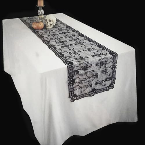 Ueiwffzo Halloween Tischläufer, Halloween Tischdeko, Exquisiter Schwarzer Totenkopf Tischläufer, Premium Halloween Tischdecke für Küche Zuhause Partys Deko