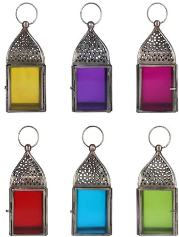 ETHNICITI Set of 6 Moroccan Square Lanterns Hanging Tabletop Turkish Tealight Candle Holder Lamp - Portable Iron Stained Glass Indoor Outdoor Garden - Home Decor Ramadan Gift Parties Decoration