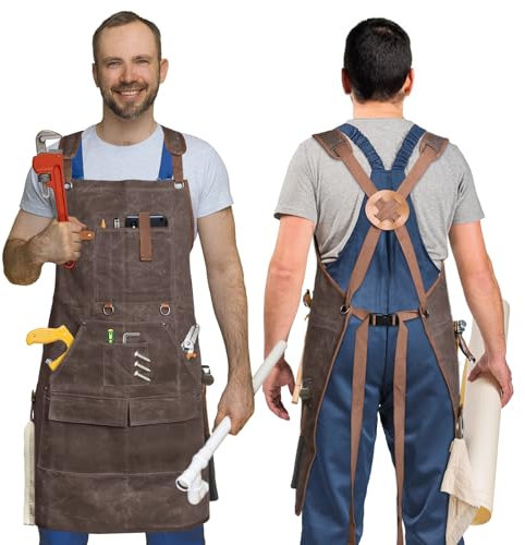 FinityPro Waxed Canvas Woodworking Apron - 22oz Heavy Waxed Canvas Work Aprons for Men and Women, with 9 Pockets & Cross Back Straps, Woodworking Aprons for Men, Adjustable Woodwork Shop Apron, Brown