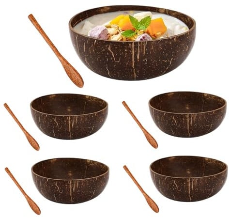 Ensemble de bols en noix de coco et de cuillères en bois comprenant 5 bols et 5 cuillères en bois naturel