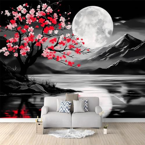 Wall Mural Wallpaper Black Non-Woven Feature Wallpaper Watercolor Japan Cherry Blossom Tree Theme Poster Mural, for Living Room Bedroom Restaurant 400 x 280 cm Wall Decoration Wall Mural