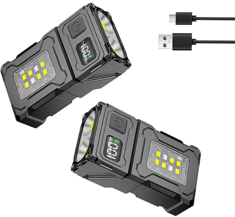 POCKETMAN 2 Pack Mini Taschenlampe LED Schlüsselbundlampe mit Digitaler Anzeige, 180°Drehkopf, 6-Modi Multifunktional Magnetische Taschenlampe für Rettung Camping Erkundung Nachtsicht