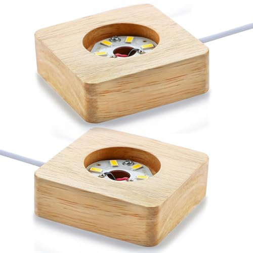 Yuchengxiang 2 Pack LED Lights Display Base Wooden Desktop Lighted Base USB Crystal Sphere Square Holder Display Stand for 3D Crystal Glass Resin Art (Warm White Light)