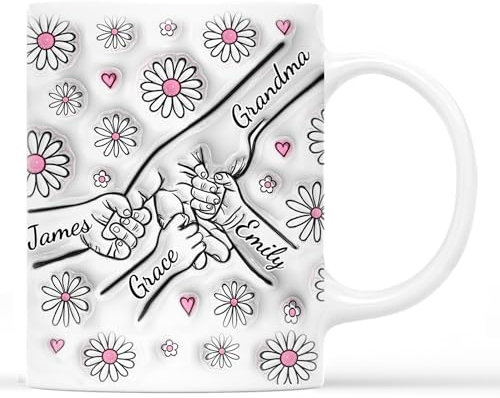 Personal Chic Personalised Mummy and Kids Holding Hands Flowers Mug - Personalised Mother Gift, Mum Gifts, Grandma Gift, Mummy Tea Cup, Grandma Cup, Mum Mug (Model #2)