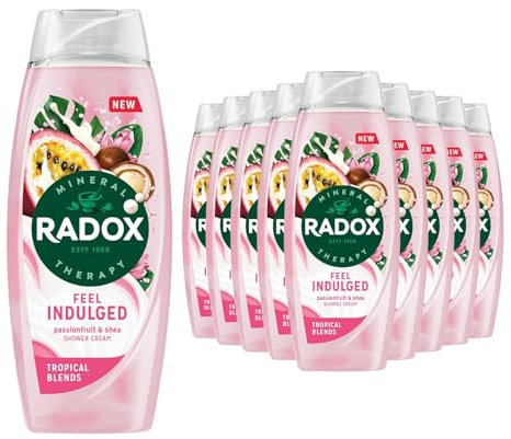 Radox Mineral Therapy Feel Indulged Shower Gel Body Wash, Pack of 12, Shower Cream with 4 minerals and 13 herbs, Passionfruit and Shea scent for a Mood-Boosting Experience, 450 ml