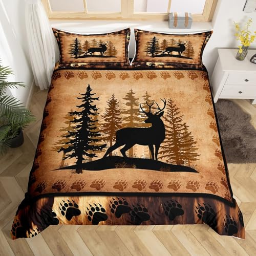 Loussiesd Netter Hirsch Bettwäsche Set 135x200cm für Mädchen Jungen Kinder Natur Wald Hirsch Jagd Bettbezug Set Raum Dekorative Rustikale Bär Pfote Druck Betten Set Deer Muster