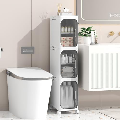 Enjinkail Slim Bathroom Cabinet, freestanding plastic storage unit with Door, waterproof small trolley with wheels for Office, Living Room, Kitchen, Entryway (21W*97H*34D, 3 tier)