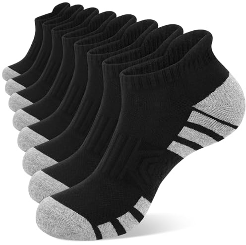 Kotashion 8 Pairs Unisex Trainer Socks for Men Women 6-11, White/Black | Cotton Blend Cushioned Breathable Anti-Blister Low Cut Trainer Socks with Arch Support for Running Sports Athletic Daily