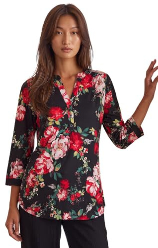 Roman Shirt for Women UK Ladies Top Collarless Blouse Stretchy Tunic Smart Casual Autumn Winter Jersey 3/4 Length Sleeve Notch V Neck Flattering Office Work - Size 12 - Red Noir White