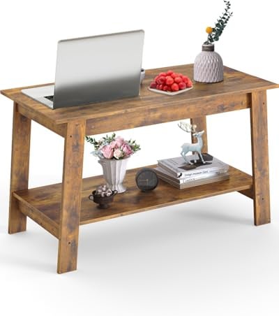 GarveeMore Couchtisch Holz,80cm Kleiner Tische Für Wohnzimmer, Wohnzimmertisch Holz 2-Stöckiger Dicker Rechteckiger,Stabil,80x48x39cm,Braun