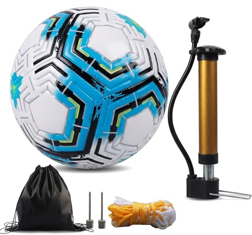 Größe 5 Kurvenfußball, Blau-Weiß strapazierfähige TPU Trainingsball Set | Gr.5 Fußball Curve Ball Liefert Mini-Pumpe & Aufblasnadel, inkl. Kordelzugtasche Netzballsack als Geschenk für Fußballübungen