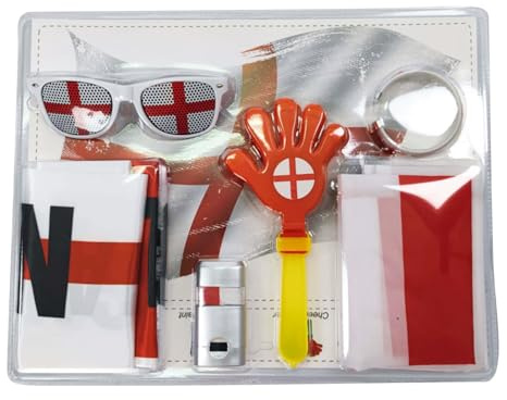 Clacce Fußball-Fan-Ausrüstungsset 2026, 7-teiliges Spieltags-Set mit Fahne, Schal, Brille, Pfeife, Klatscher, Armband und Stirnband in Geschenkbox für Public Viewing und Stadionbesuche (England)