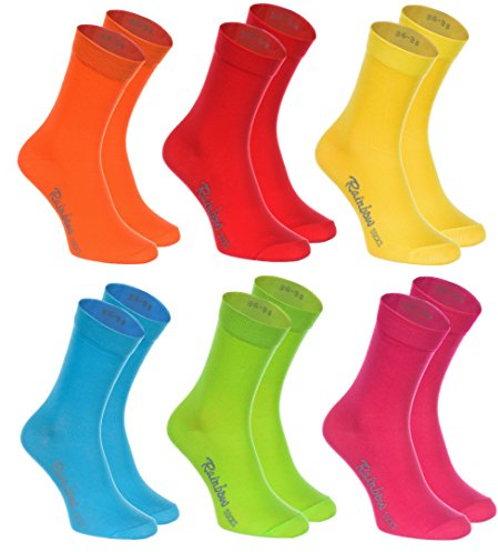 Rainbow Socks - Damen Herren Klassische Bunte Baumwolle Socken - 6 Paar - Orange Rot Gelb Grün Mer Grün - Größen 36-38