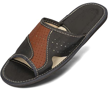 BeComfy Zapatillas de Casa para Hombres 100% Cuero Genuino Zapatillas de Verano Puntera Abierta 40-46 EU (Negro Marrón claro, 46)