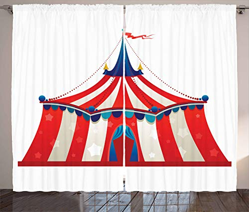 ABAKUHAUS rot-Weiss Rustikaler Gardine, Stars Striped Zirkus, Schlafzimmer Kräuselband Vorhang mit Schlaufen und Haken, 280 x 225 cm, Vermilionblau