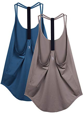 icyzone Damen Sport Top ärmellos Yoga Shirt Strappy Training Fitness Tank Top Gym Oberteile, 2er Pack (S, True Blue/Mauve Shadows)