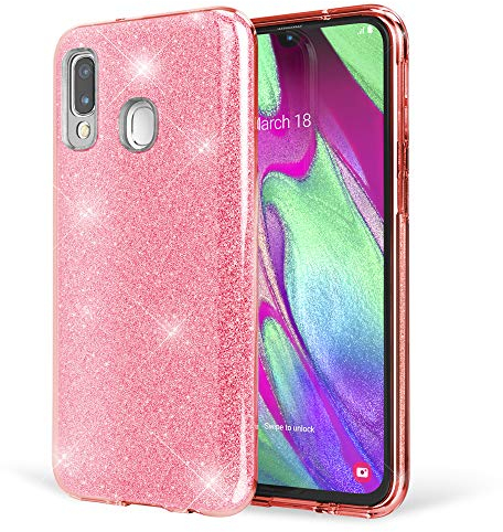 NALIA Glitzer Hülle kompatibel mit Samsung Galaxy A40, Diamant Schutzhülle Glitter Case Bling Cover Handyhülle Dünn, Ultra-Slim Phone Backcover Handy-Tasche Diamond Bumper Strass Etui, Farbe:Pink