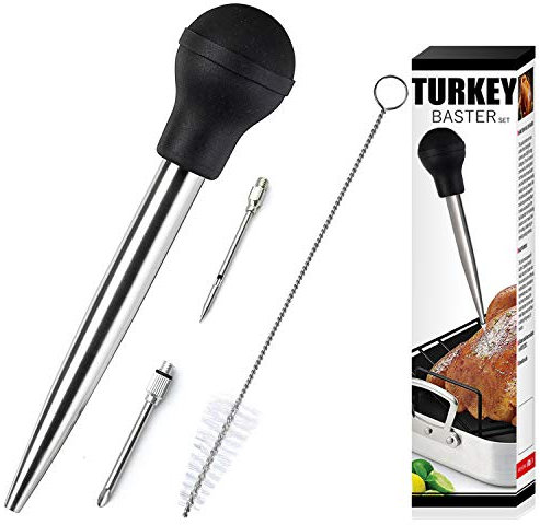 Stainless Steel Turkey Baster With Cleaning Brush - Food Grade Syringe Baster For Cooking & Basting With 2 Marinade Injector Needles - Ideal For Butter Dripping, Roasting Juices For Poultry (Black)