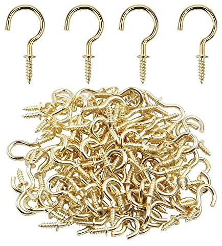 PLCatis - Ganchos de Tornillo Pequeños de 20mm - 150 Piezas Mini Ganchos Atornillables para Techo Ganchos de Ojo Abierto de Latón Oro para Colgar Artículos y Hacer Artesanías Fabricación de Bricolaje