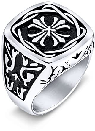 Bling Jewelry Personalisieren Sie Große Aussage Mittelalterlichen Religiösen Antiken Wikinger Maltase Fleur De Lis Kreuz Quadratische Siegelbandring Für Männer Oxidierte Silberton Edelstahl